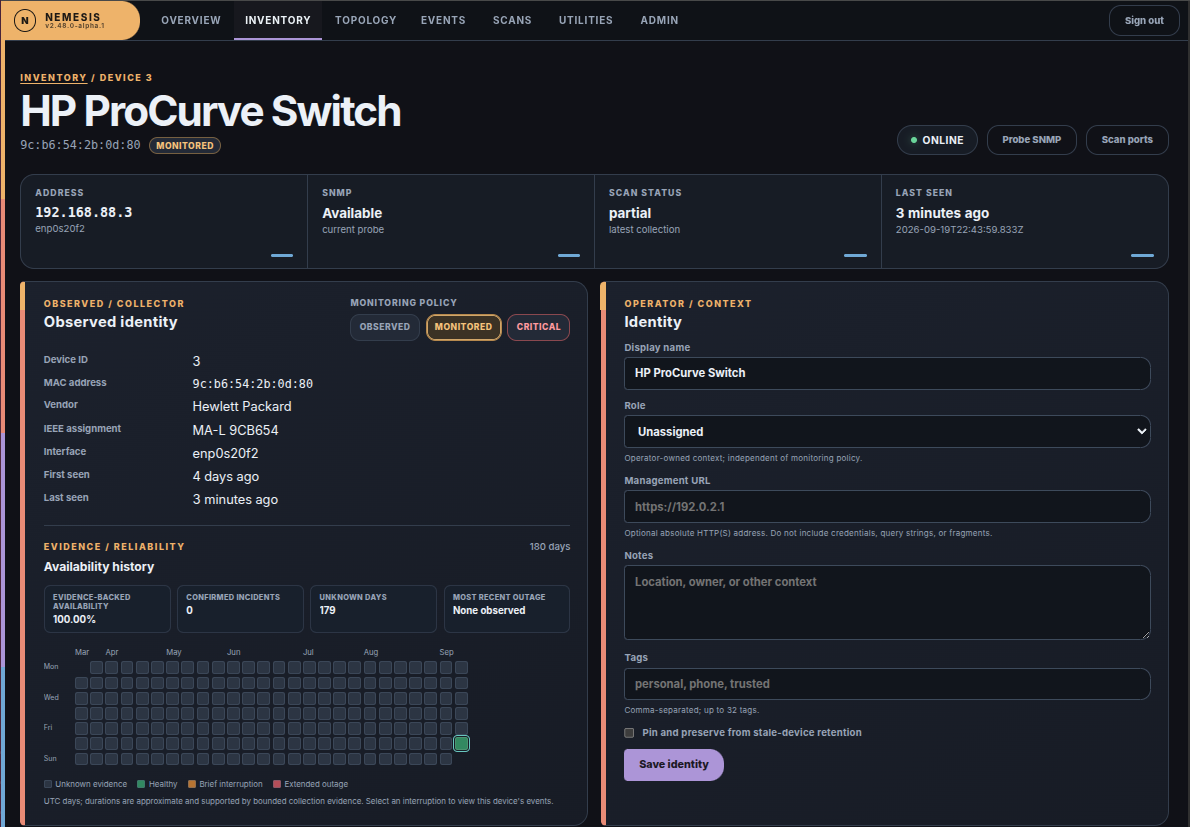 Nemesis device availability history showing evidence-backed availability, incidents, and daily status over 180 days