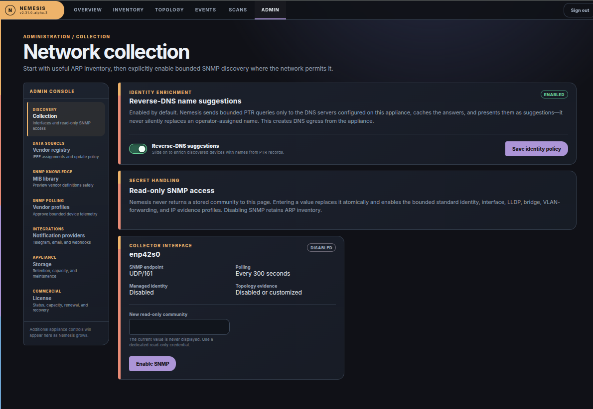 Nemesis network collection admin screen with reverse-DNS and read-only SNMP access settings