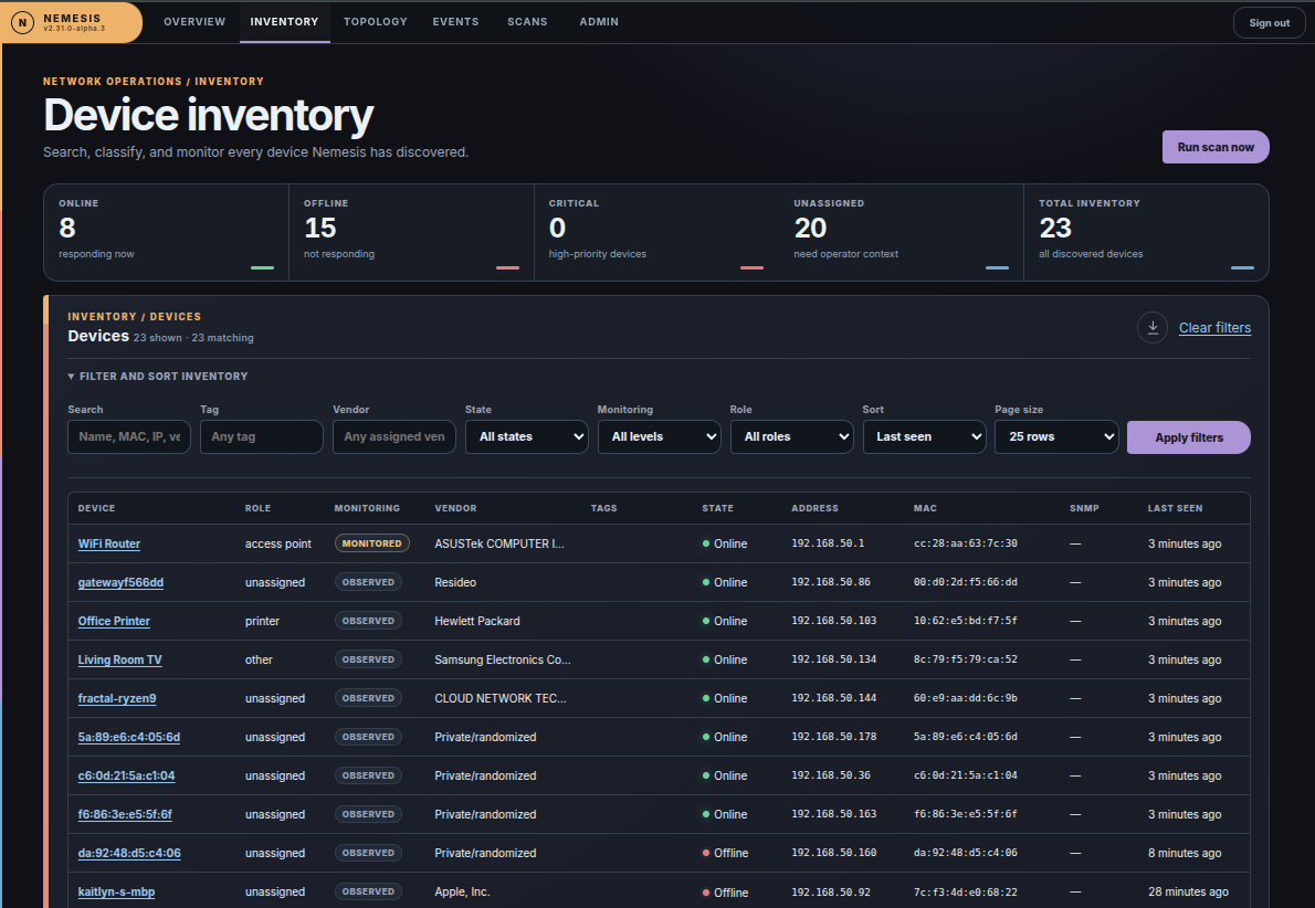 Nemesis device inventory table with vendor, state, address, and last-seen columns