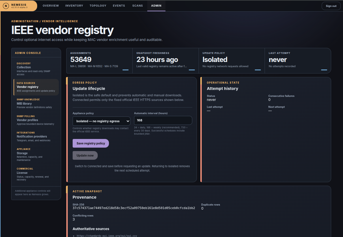 Nemesis IEEE vendor registry screen showing OUI assignment counts and update policy