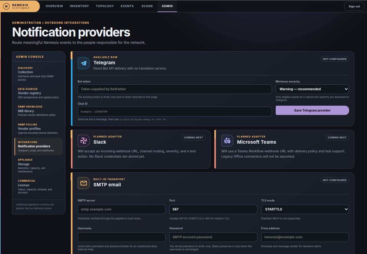 Nemesis notification providers screen with Telegram, Slack, Teams, and SMTP options