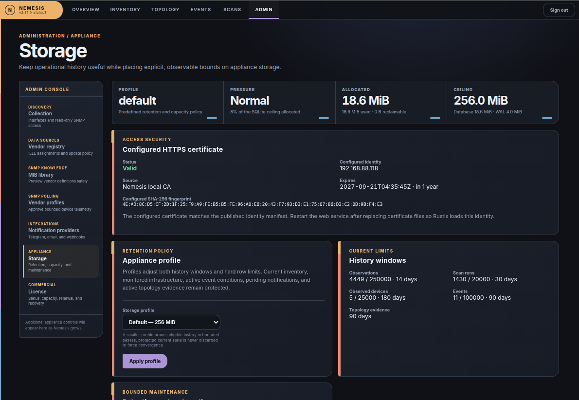 Nemesis storage screen showing retention policy, capacity, and history windows